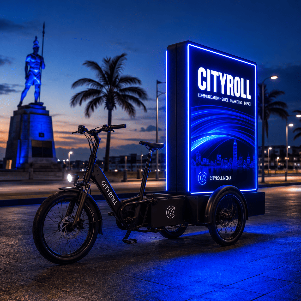 Dispositif de Street Marketing à Cotonou par Cityroll avec un triporteur publicitaire LED de nuit près de la Place de l'Amazone