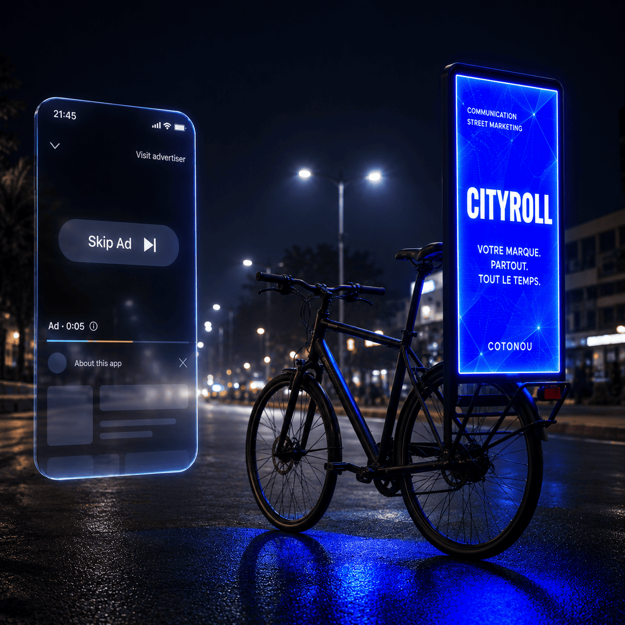 Vélo connecté avec panneau publicitaire LED lumineux pour une campagne de Street Marketing à Cotonou de nuit