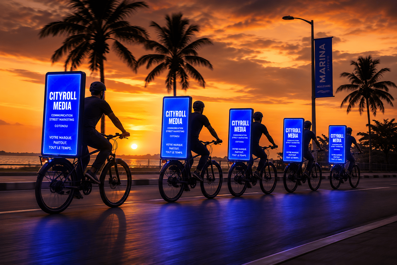 Défilé d'une flotte de vélos publicitaires lors d'une campagne de Street Marketing à Cotonou au coucher du soleil en bord de mer