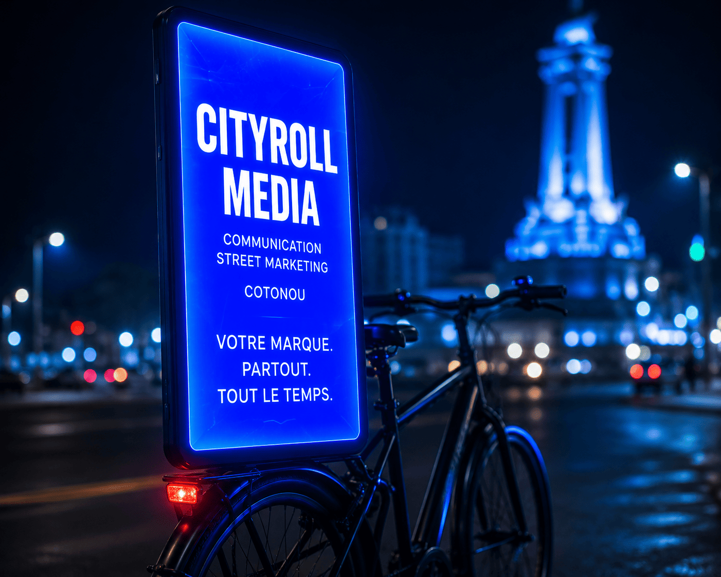 Gros plan d'un panneau publicitaire LED mobile pour une campagne de Street Marketing à Cotonou de nuit avec Cityroll Media